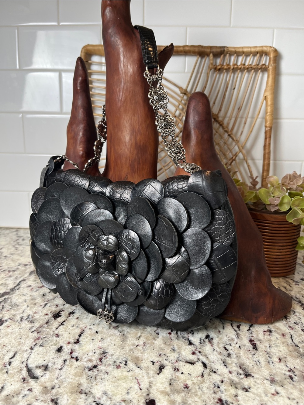 Brighton Black Leather Petal Appliqué Shoulder Bag